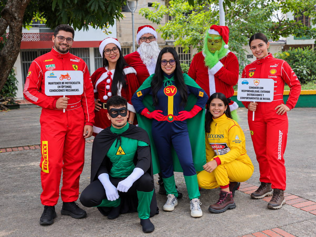 Grupo de facilitadores de Eccosis caracterizados como superhéroes, pilotos de competición y personajes navideños, sosteniendo carteles con mensajes de conducción responsable.