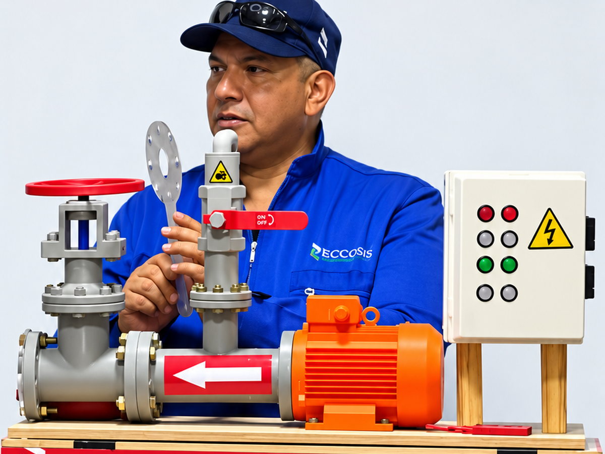 Instructor de Eccosis operando la válvula del simulador de energías peligrosas, con el tablero de tipos de energía y los elementos de bloqueo sobre la mesa.