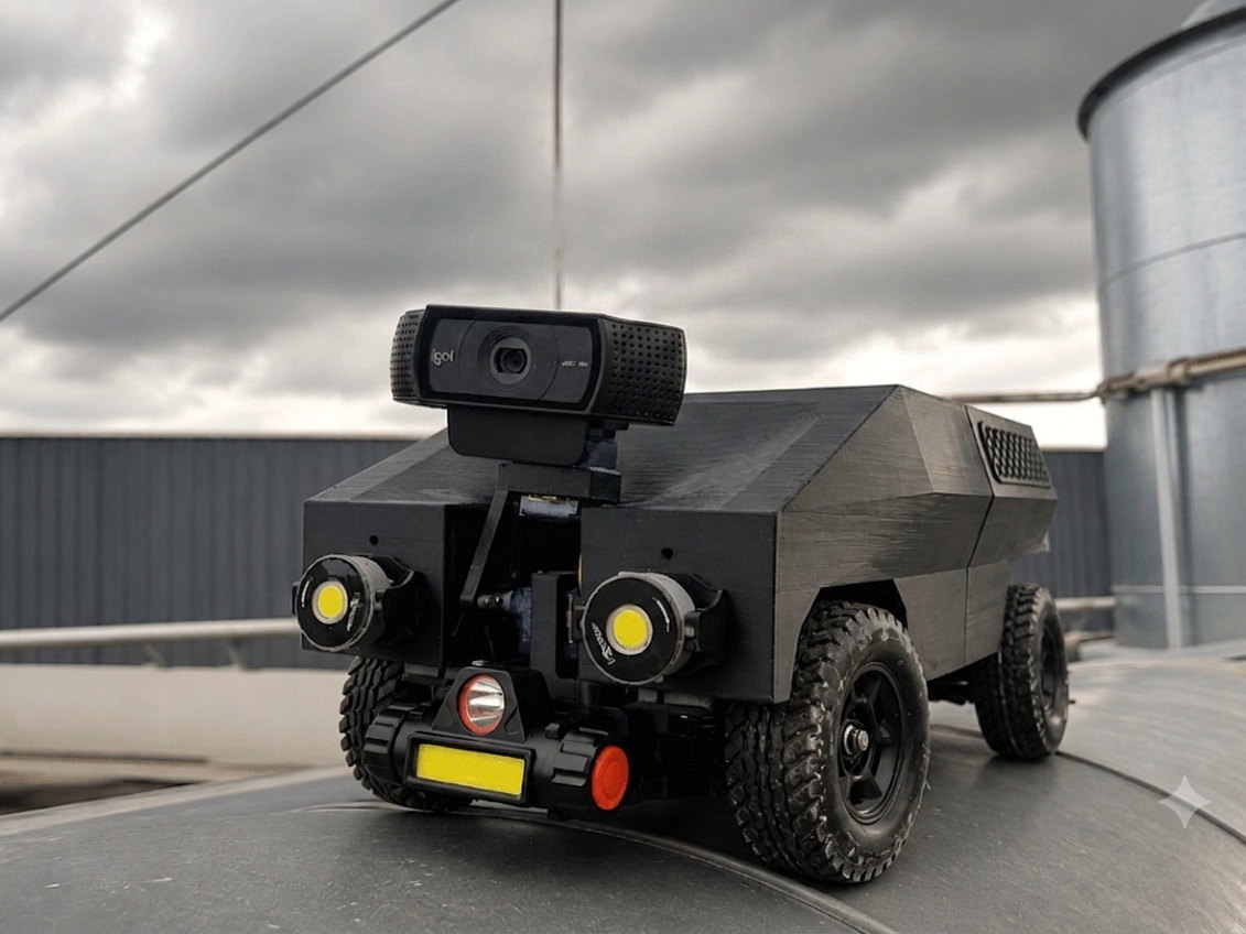Robot de inspección con ruedas todoterreno, cámara y focos frontales, apoyado sobre la cubierta curva de un tanque industrial.