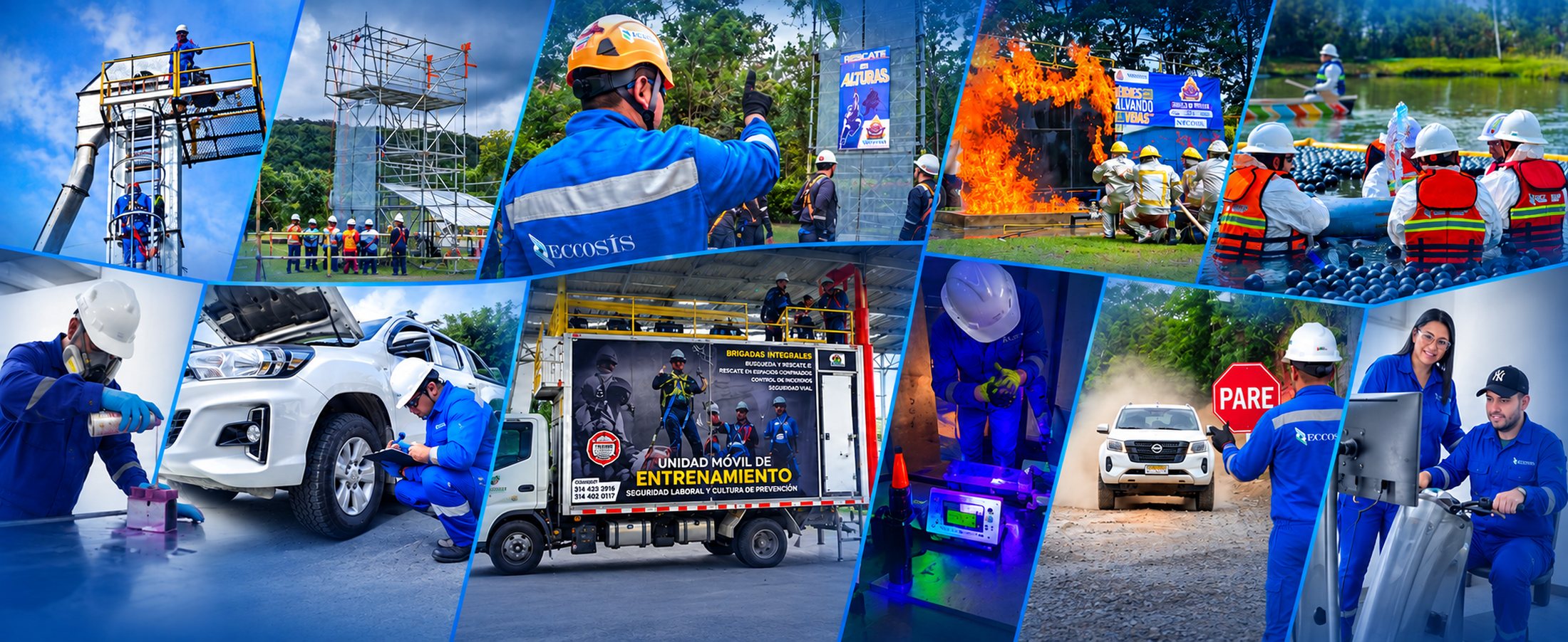 Composición de escenas de la operación de Eccosis: entrenamiento en alturas, control y extinción de fuego, rescate acuático, inspección de vehículos, la unidad móvil de entrenamiento, ensayos no destructivos y control de tránsito en vía.